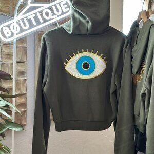Cropped Olive Green Evil Eye Sequin Applique Hoodie